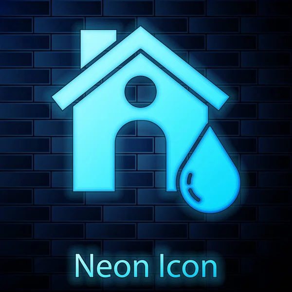 Leuchtende Neon House Flut Ikone Isoliert Auf Backsteinwand Hintergrund Hausfluten — Stockvektor