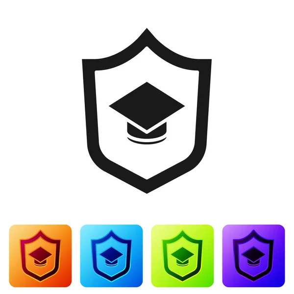 Schwarze Graduiertenmütze Mit Schildsymbol Auf Weißem Hintergrund Versicherungskonzept Sicherheit Sicherheit — Stockvektor
