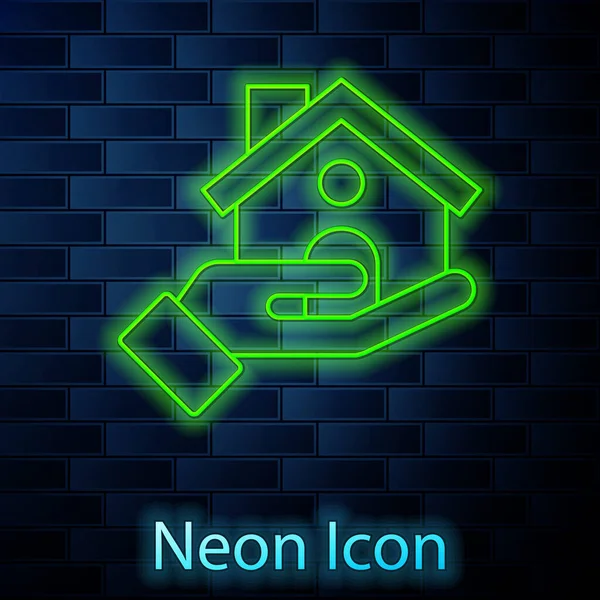 Gloeiende Neon Lijn Huis Verzekering Pictogram Geïsoleerd Baksteen Muur Achtergrond — Stockvector