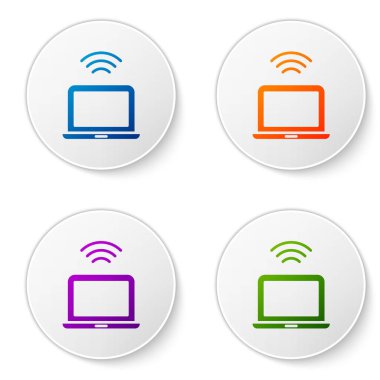 Beyaz arkaplanda izole edilmiş renkli kablosuz dizüstü bilgisayar simgesi. İnternet kavramının kablosuz bağlantısı. Simgeleri daire düğmelerine ayır. Vektör.