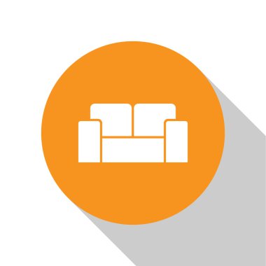 Beyaz Kanepe simgesi beyaz arkaplanda izole edildi. Turuncu daire düğmesi. Vektör.