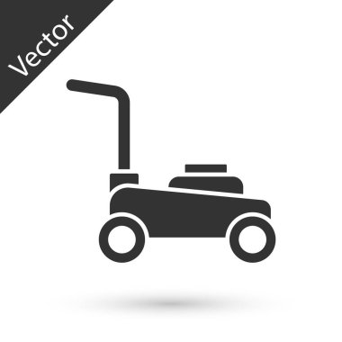 Gri çim biçme makinesi simgesi beyaz arkaplanda izole edilmiş. Çim biçme makinesi çim biçiyor. Vektör.