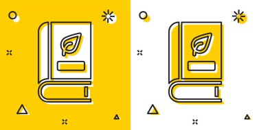 Sarı ve beyaz arka planda yaprak ikonu olan siyah tıp kitabı. Rastgele dinamik şekiller. Vektör.