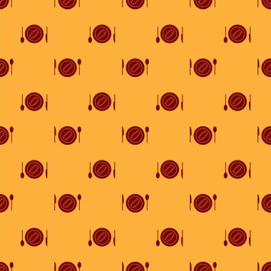 Tabak ikonunda servis edilen kırmızı salatalık kahverengi arka planda izole edilmiş dikişsiz desen. Deniz yemeği. Vektör..