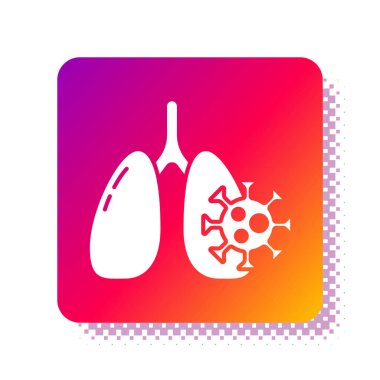 Akciğer simgesindeki beyaz virüs hücreleri beyaz arkaplanda izole edilmiş. Enfeksiyon kapmış ciğerler. Coronavirus, COVID-19. 2019-NCoV. Kare renk düğmesi. Vektör..