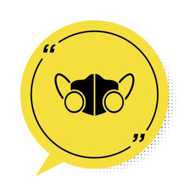 Siyah tıbbi maske simgesi beyaz arkaplanda izole edilmiş. Sarı konuşma balonu sembolü. Vektör..