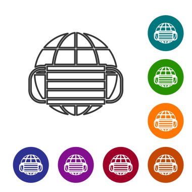 Siyah çizgi Dünya küresi, beyaz arka planda izole edilmiş tıbbi maske ikonu. Simgeleri renk daire düğmelerine ayarla. Vektör..