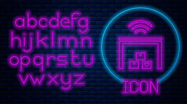 Ragyogó Neon Smart Raktár Rendszer Ikon Elszigetelt Téglafal Háttér Neonfény — Stock Vector