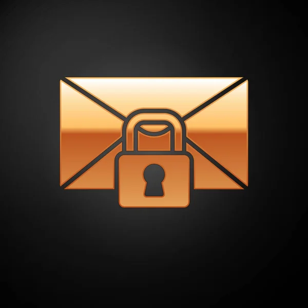 Mensaje Correo Electrónico Oro Bloquear Icono Contraseña Aislado Fondo Negro — Vector de stock