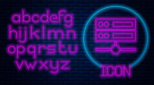 Ragyogó Neon Szerver Data Web Hosting Ikon Elszigetelt Téglafal Háttér — Stock Vector