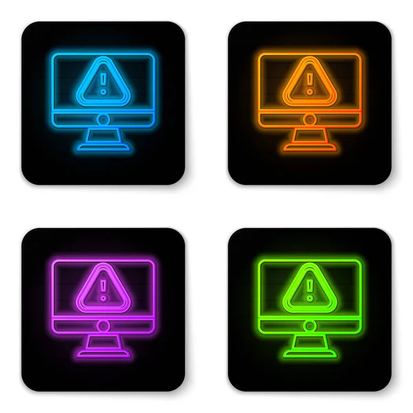 Glowing Neon Computer Monitor Exclamation Mark Icon Isolated White Background — Stock Vector