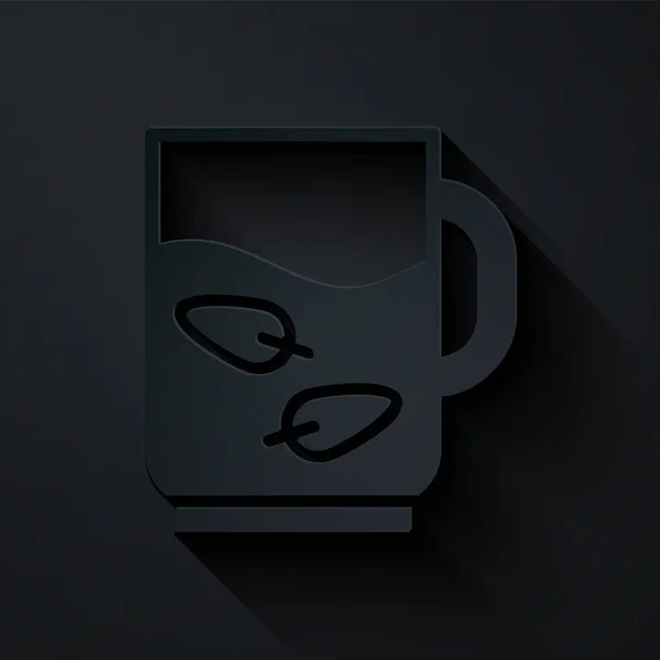 Paper Cut Cup Tea Leaf Icon Isolated Black Background Gaya - Stok Vektor
