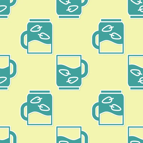 Зеленая Чашка Чая Значок Листьев Изолированный Безморщинистый Узор Желтом Фоне — стоковый вектор
