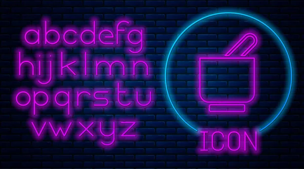 Gloeiende Neon Mortel Stamper Pictogram Geïsoleerd Baksteen Muur Achtergrond Neon — Stockvector