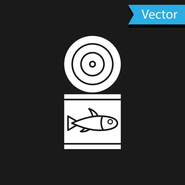 Icono Pescado Enlatado Blanco Aislado Sobre Fondo Negro Vector — Vector de stock