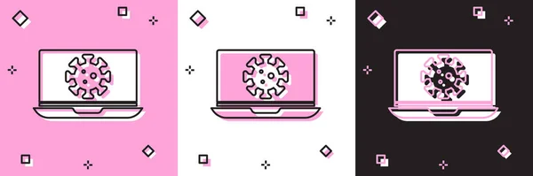 Set Virus Statistics Laptop Icon Isolated Pink White Black Background — Stock Vector