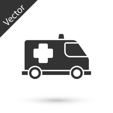 Gri ambulans ve acil durum arabası ikonu beyaz arka planda izole edildi. Ambulans aracı tıbbi tahliye. Vektör..