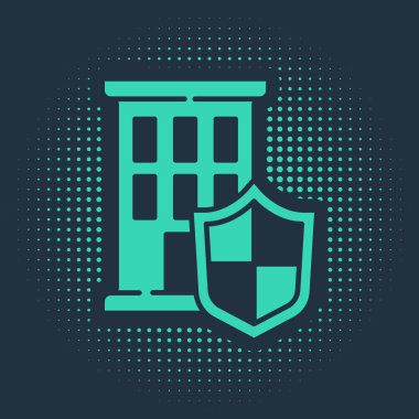 Mavi arka planda kalkan simgesi olan yeşil ev. Sigorta konsepti. Güvenlik, güvenlik, koruma, konsept koruma. Soyut çember rastgele noktalar. Vektör..