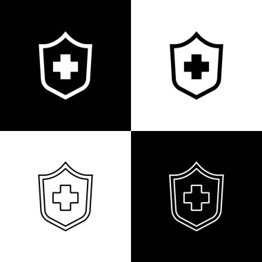 Sağlık sigortası simgesini siyah beyaz arkaplanda ayır. Hasta koruması. Güvenlik, güvenlik, koruma, konsept koruma. Vektör..