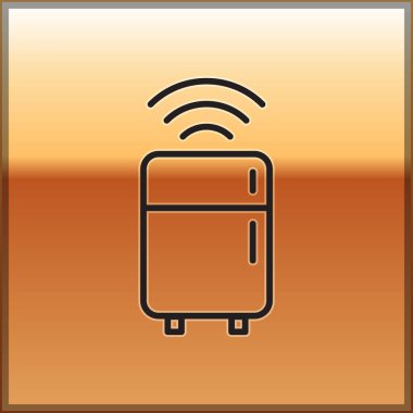 Siyah çizgi Akıllı buzdolabı simgesi altın arka planda izole edildi. Buzdolabı buzdolabı. İnternet kavramının kablosuz bağlantısı. Vektör.