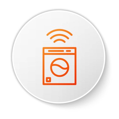 Turuncu çizgi Akıllı yıkama sistemi simgesi beyaz arkaplanda izole edildi. Çamaşır makinesi simgesi. İnternet kavramının kablosuz bağlantısı. Beyaz daire düğmesi. Vektör.