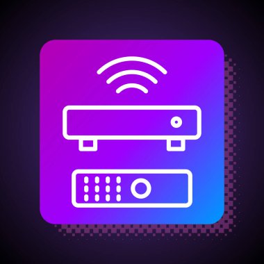 Beyaz çizgi, kablosuz multimedya ve TV kutusu alıcısı ve uzaktan kumanda simgesine sahip oyuncu siyah arkaplanda izole edildi. Kare renk düğmesi. Vektör.