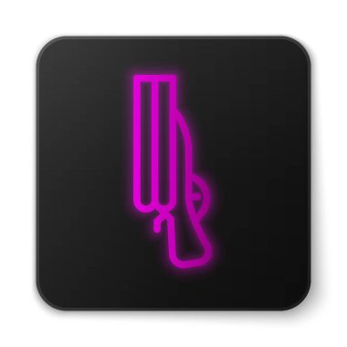 Parlayan neon hattı Shotgun simgesi beyaz arkaplanda izole edildi. Avcı silahı. Siyah kare düğme. Vektör.