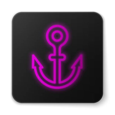 Parlayan neon hattı Anchor simgesi beyaz arkaplanda izole edildi. Siyah kare düğme. Vektör.