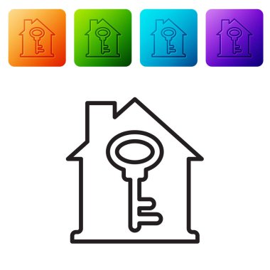 Beyaz arka planda anahtar simgesi olan siyah çizgi evi. Ev anahtarının konsepti. Renkli kare düğmelerle simgeleri ayarla. Vektör.