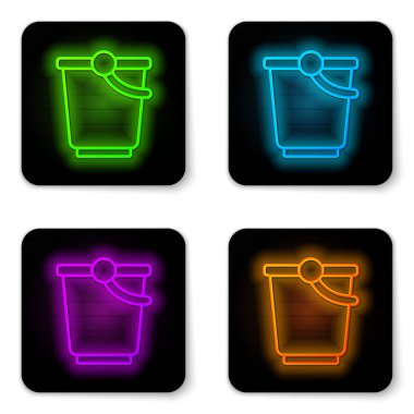 Parlayan neon çizgi Bucket simgesi beyaz arkaplanda izole edildi. Siyah kare düğme. Vektör.