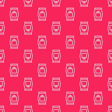 Beyaz çizgi gübre torbası ikonu kırmızı arka planda izole edilmiş pürüzsüz desen. Vektör.