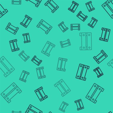 Siyah çizgi tahta kutu simgesi yeşil arka planda izole edilmiş pürüzsüz desen. Market sepeti, depo sandığı. Sebzeler ve ürünler için boş ahşap kap. Vektör.