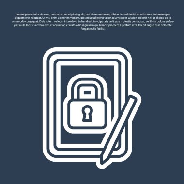 Mavi çizgi grafiksel tablet mavi arkaplanda izole edilmiş asma kilit simgesi. Kilitli telefon. Gezici güvenlik, güvenlik, koruma konsepti. Vektör.