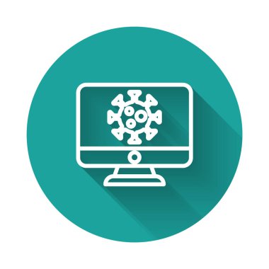 Beyaz çizgi virüs istatistikleri uzun gölgeli monitör simgesinde izole edildi. Corona virüsü 2019-nCoV. Bakteri ve mikroplar, hücre kanseri, mikrop, mantar. Yeşil daire düğmesi. Vektör..