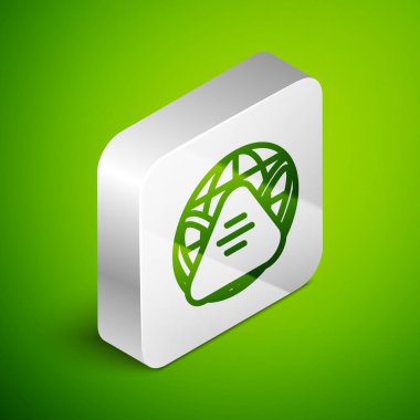 Yeşil arka planda tıbbi maske ikonu olan Isometric Line Earth. Gümüş kare düğme. Vektör..