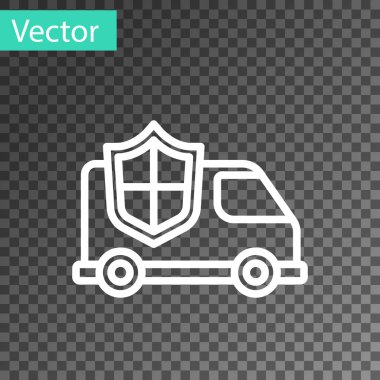 Beyaz çizgili, arkasında kalkan simgesi olan araç şeffaf bir arkaplanda. Sigorta konsepti. Güvenlik, güvenlik, koruma, konsept koruma. Vektör..