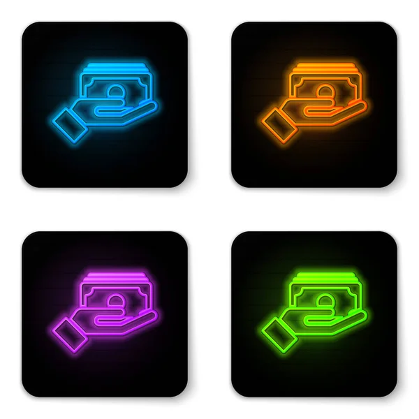 Glowing Neon Stacks Paper Money Cash Hand Icon Isolated White — Stock Vector