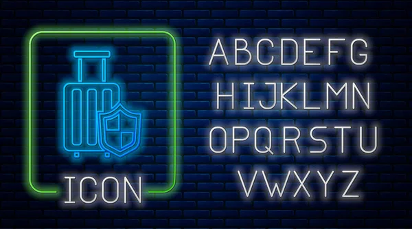 Сяюча Неонова Подорож Валіза Іконою Щита Ізольована Фоні Цегляної Стіни — стоковий вектор