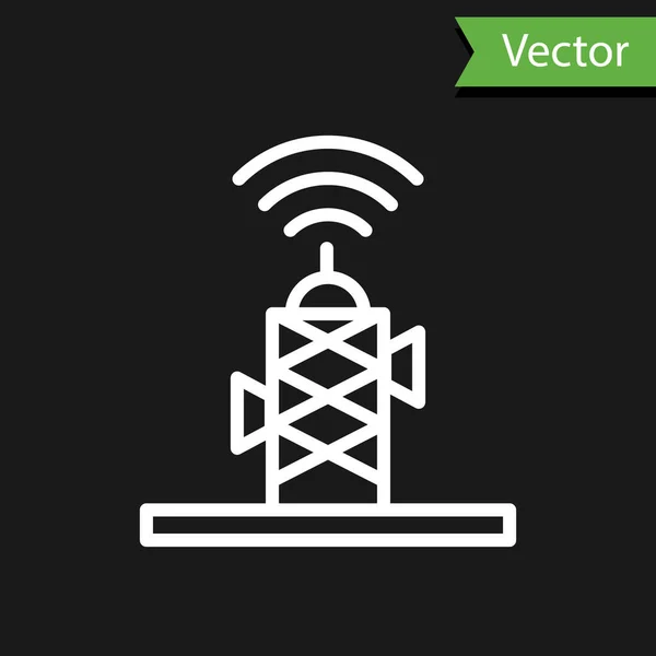 Línea Blanca Icono Antena Inalámbrica Aislado Sobre Fondo Negro Tecnología — Vector de stock