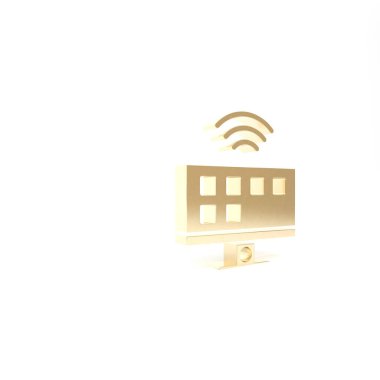 Beyaz arkaplanda Gold Smart TV sistem simgesi izole edildi. Televizyon tabelası. İnternet kavramının kablosuz bağlantısı. 3d illüstrasyon 3B canlandırma