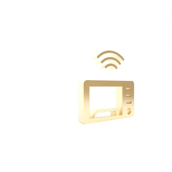 Gold Smart mikrovlnná trouba systém ikona izolované na bílém pozadí. Ikona domácích spotřebičů. Internet věcí koncept s bezdrátovým připojením. 3D ilustrace 3D vykreslení — Stock fotografie
