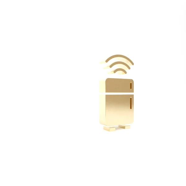 Gold Smart refrigerator icon isolated on white background. Fridge freezer refrigerator. Internet of things concept with wireless connection. 3d illustration 3D render — Stock Photo, Image