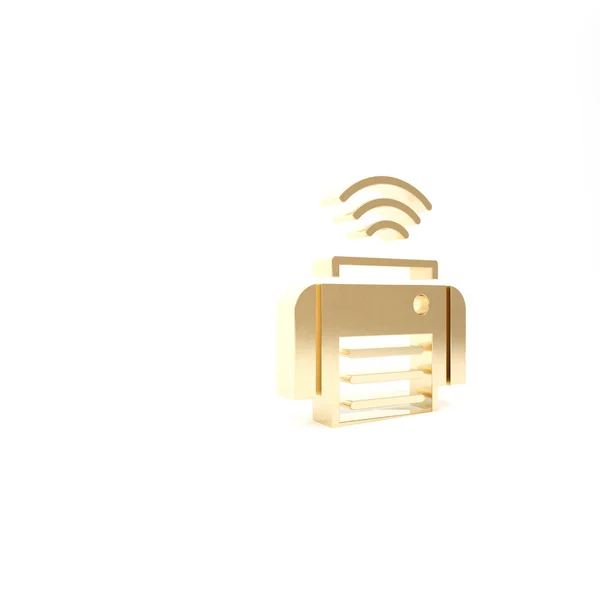 Gold Smart icône du système d'imprimante isolé sur fond blanc. Concept d'Internet des objets avec connexion sans fil. Illustration 3D rendu 3D — Photo