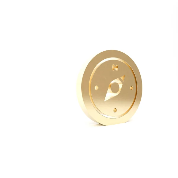 Złota ikona kompasu na białym tle. Symbol nawigacji Windrose. Wiatr różany znak. Ilustracja 3D 3D renderowania — Zdjęcie stockowe
