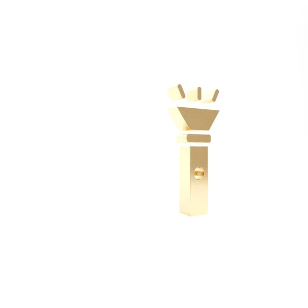 Złota ikona latarki odizolowana na białym tle. Ilustracja 3D 3D renderowania — Zdjęcie stockowe