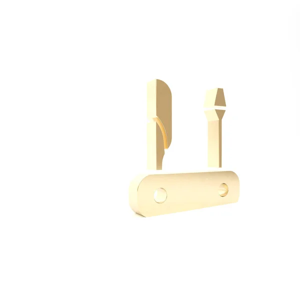 Icono de navaja suiza dorada aislada sobre fondo blanco. Navaja multiusos y multiusos. Herramienta multifuncional. 3D ilustración 3D render —  Fotos de Stock