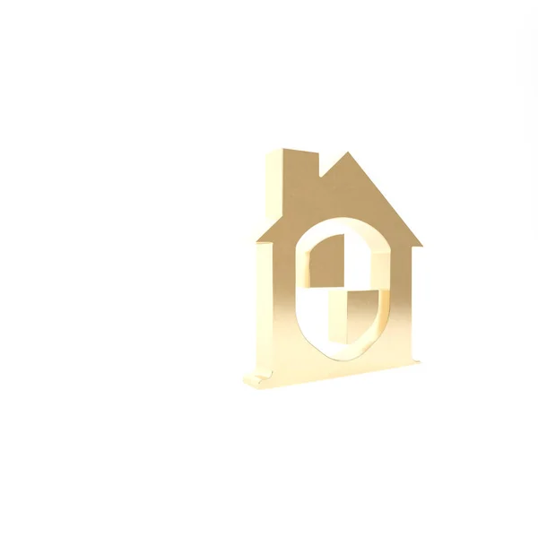 Золотий будинок під захисною іконою ізольований на білому тлі. Дім і щит. Захист, безпека, безпека, захист, концепція захисту. 3D-рендеринг — стокове фото