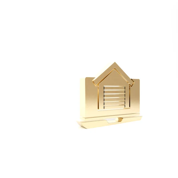 白い背景に隔離されたラップトップのアイコン上のゴールドオンライン不動産の家。住宅ローンの概念は、賃貸、購入、プロパティを購入する。3Dイラスト3Dレンダリング — ストック写真