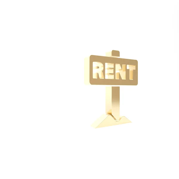 Gold Hanging Schild mit Text Rent Symbol isoliert auf weißem Hintergrund. Schild mit Text zu vermieten. 3D Illustration 3D Renderer — Stockfoto
