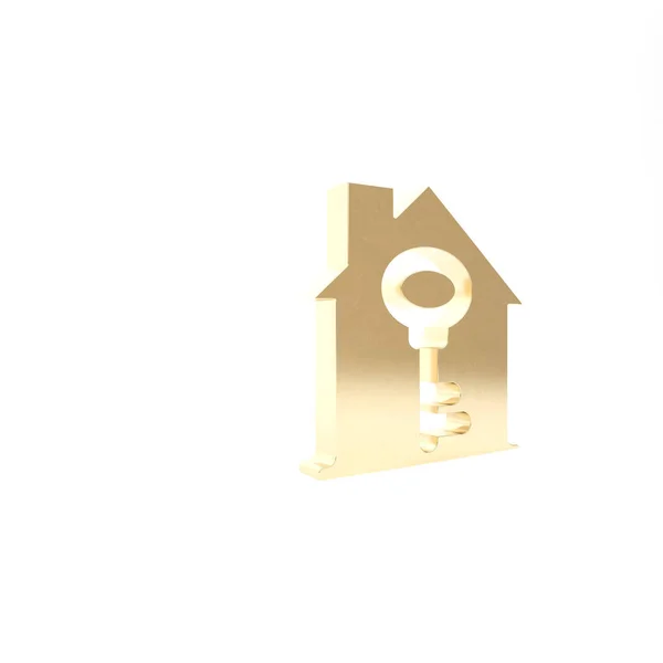 Золотий дім з ключовою іконою, ізольованою на білому тлі. Концепція будинку-індика. 3D-рендеринг — стокове фото